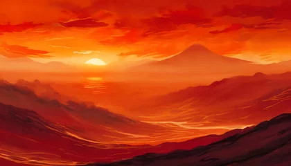 Keuken foto achterwand abstract illustration Sunset panorama color orange and mountain range on digital art concept. © Watercolor_Concept