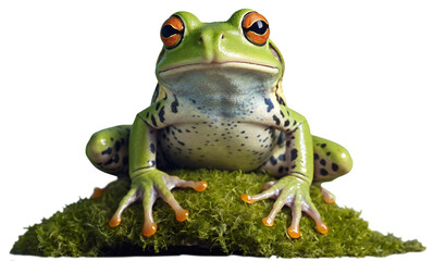 Isolated Transparent Background Image of a Green Frog Sitting on the Grass, Front View.
