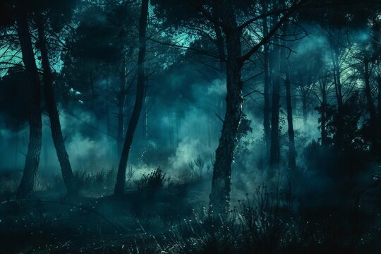 Mysterious fog rolling through a spooky forest at night Casting shadows and creating a hauntingly beautiful atmosphere.