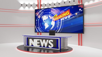 white table and led screen background in a news studio room.3d rendering.	