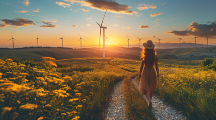 a beautiful woman wearing a sunhat is  walking in the meadow with on the banground windmill turbines in the Netherlands at sunset - obrazy, fototapety, plakaty