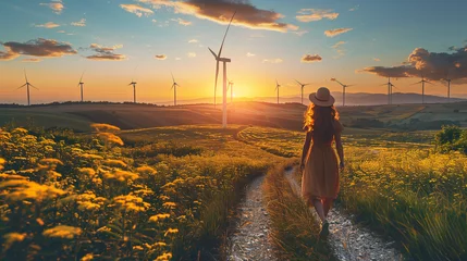Fotobehang a beautiful woman wearing a sunhat is  walking in the meadow with on the banground windmill turbines in the Netherlands at sunset © Fokke Baarssen