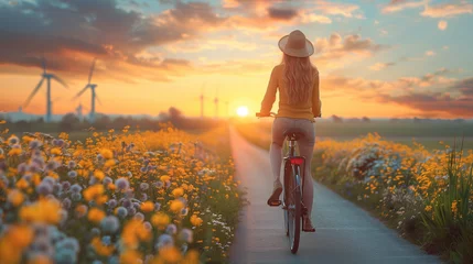 Foto auf Glas a woman wearing a sunhat is riding a bicycle with on the banground windmill turbines in the Netherlands at sunset, woman in a meadow with flowers and windmills in teh Netherlands on a bike © Fokke Baarssen