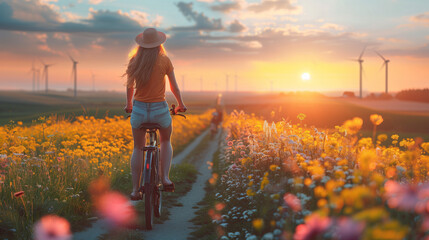  a beautiful woman on a bicycle wearing a sunhat in the meadow with the background windmill turbines in the Netherlands at sunset, meadow with flowers at Spring - obrazy, fototapety, plakaty