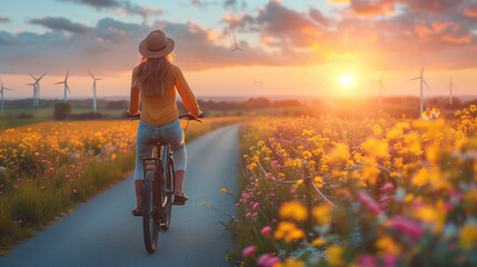 A woman on a bicycle wearing a sunhat i in the meadow with on the background windmill turbines in the Netherlands at sunset - obrazy, fototapety, plakaty