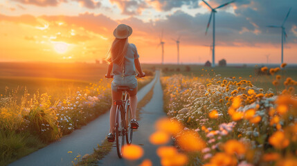 a beautiful woman wearing a sunhat is riding a bicycle with on the banground windmill turbines in the Netherlands at sunset - obrazy, fototapety, plakaty