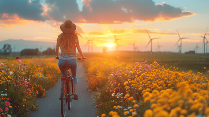  a beautiful woman on a bicycle wearing a sunhat is standing in the meadow with flowers and on the background windmill turbines in the Netherlands at sunset in summer - obrazy, fototapety, plakaty