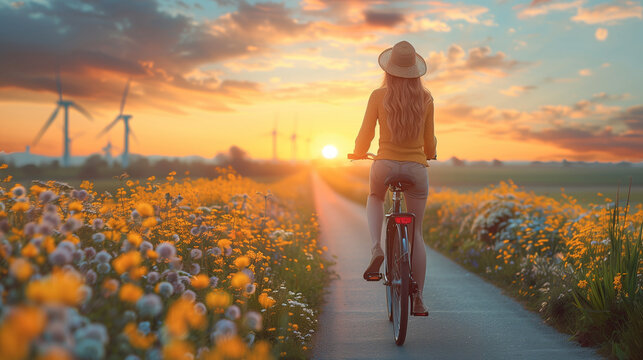 a woman wearing a sunhat is riding a bicycle with on the banground windmill turbines in the Netherlands at sunset, woman in a meadow with flowers and windmills in teh Netherlands on a bike