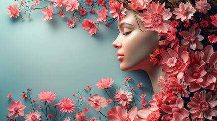 portrait of a woman with flowers,International Women's Day background with copy space, Women's day holiday,