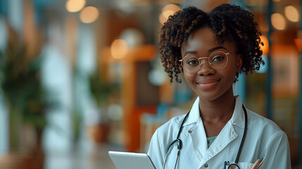 Happy Black Woman Doctor smiling in the clinic office and looking into camera, woman with glasses