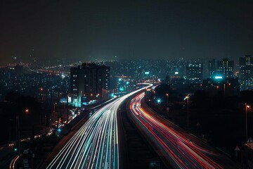 Nighttime cityscape captured in a long exposure photograph Showcasing the vibrant trails of vehicle lights on urban roads.