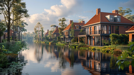 Dutch Suburban area with modern family houses, newly built modern family homes in the Netherlands alongside the canal - obrazy, fototapety, plakaty