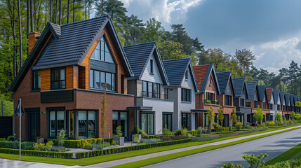 Dutch Suburban area with modern family houses, newly built modern family homes in the Netherlands on a sunny day