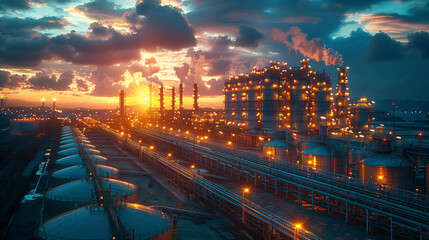 Fototapeta na wymiar carbon storage plant, Carbon capture and storage facilities, chemical plant refinery with smoke at night