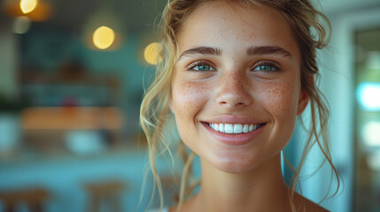 a young woman checks her smile after teeth cleaning, braces, and dental consultation. Healthcare, dentistry, and a happy female patient for oral hygiene, wellness, and cleaning  - obrazy, fototapety, plakaty