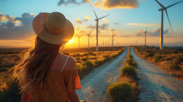  a beautiful woman wearing a sunhat is standing in the meadow at sunset with on the banground windmill turbines in the Netherlands at sunset