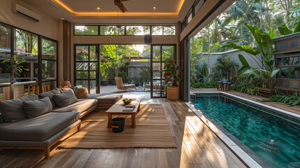  A living room with bright fresh colors in Bali style, a minimal style home in Asia with big windows, modern villa with big pool - obrazy, fototapety, plakaty