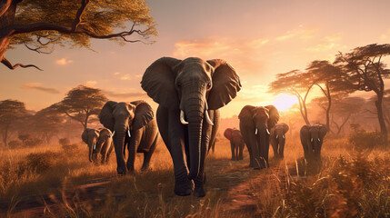 Elephants enjoying the sunset in Kenya's wild safari