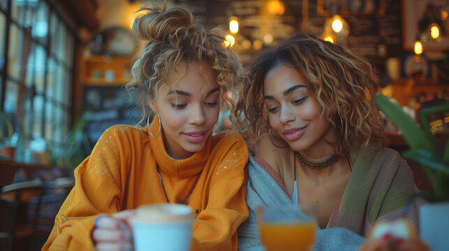 Two women sitting in a restaurant looking at mobile phones and smiling. Friends sitting at a cafe with coffee and snacks on the table 