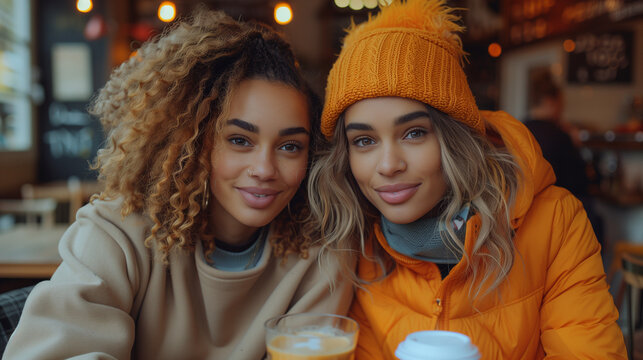 Two women sitting in a restaurant in winter and smiling. Friends sitting at a cafe with coffee and snacks on the table looking at camera