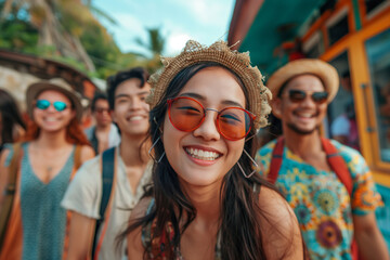 A group of Asian people enjoying a vibrant travel lifestyle, exploring exotic destinations, savoring local cuisine, and immersing themselves in cultural experiences worldwide.
