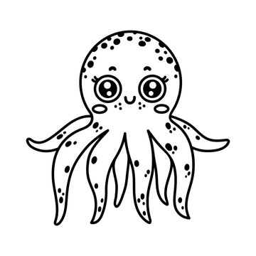 Octopus vector illustration. Cute underwater animal smiles and waves its tentacles. Friendly ocean mollusk. Hand drawn outline, doodle. Funny sea pet, black and white sketch. Coloring page for kids