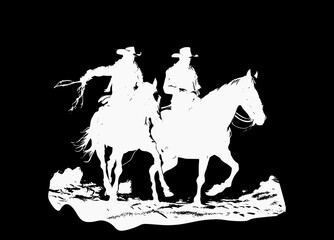 A black and white silhouette of two cowboys riding a horse