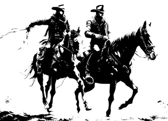 A black and white silhouette of two cowboys riding a horse