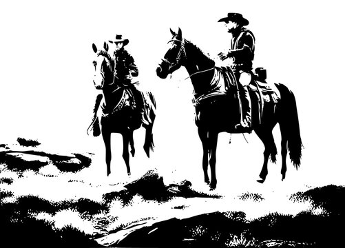 A black and white silhouette of two cowboys riding a horse