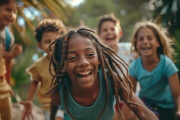 Group of diverse children laughing and playing tag in a park Embodying joy and freedom - obrazy, fototapety, plakaty