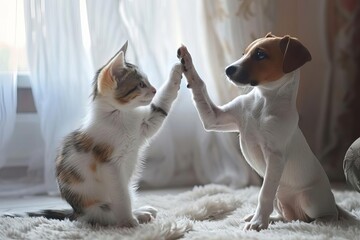 Cat and dog giving high fives Showcasing their friendship and training