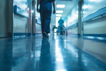 Unfocused view of a hospital corridor Capturing the bustling atmosphere of healthcare in motion - obrazy, fototapety, plakaty