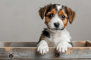 Generative AI : Jack Russell Terrier puppy, 2 months old, getting out of a box in front of white background