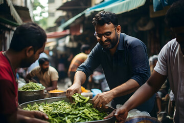 Indian man selling fresh vegetables at street food market in Mumbai, India - obrazy, fototapety, plakaty