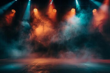 Stage setup with vibrant spotlights and smoke effects Creating an atmospheric setting for concerts Theater productions Or special events