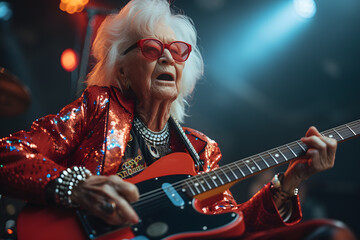 Obraz premium Grandmother playing electric guitar and screaming a song on stage as a rock star. Dynamic senior lifestyle concept