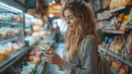 Generative AI : young woman choosing products in market walking along counters taking photos of items using smartphone - obrazy, fototapety, plakaty