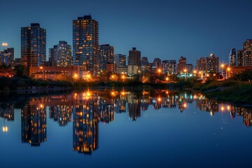 Panoramic view of a city skyline at twilight With lights beginning to twinkle in the buildings Reflecting a vibrant urban life.