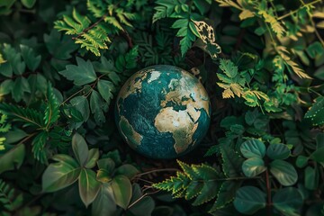 Globe surrounded by lush greenery Representing global environmental awareness and the importance of preserving nature