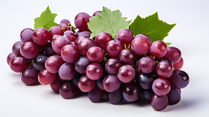 Red grapes with green leaves and half sliced isolated on white background. - obrazy, fototapety, plakaty