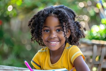 Joyful african american girl with a bright smile studying outdoors