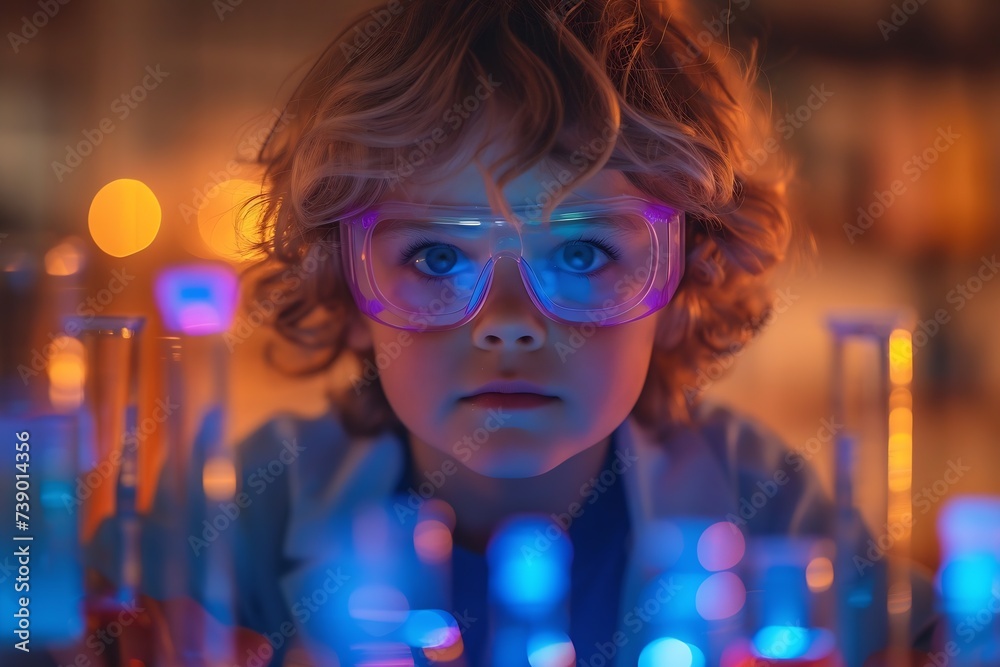 Poster Generative AI : child making science experiments. Education.
