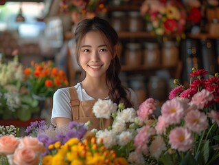 Generative AI : Portrait of female florist in apron arranging fresh flowers for bouquet in the flower shop, using roses