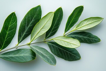 Generative AI : Two fresh olive branch leaves isolated on white background closeup - obrazy, fototapety, plakaty