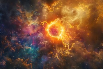Illustration of the sun amidst a cosmic backdrop Highlighting the beauty and energy of our solar system's central star Perfect for educational and inspirational themes.