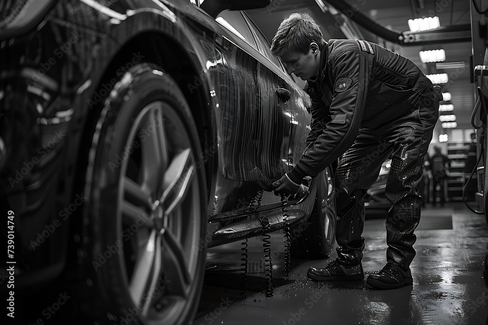 Poster generative ai : workers changing and repair part of wheels at the car service