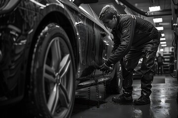 Naklejka premium Generative AI : Workers changing and repair part of wheels at the car service