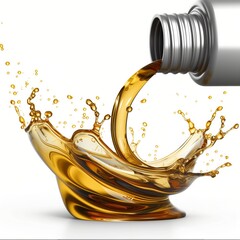 Dynamic motor oil splash from a tilted bottle with vibrant droplets and waves, isolated on a white background with copy space  concept for the automotive industry and engine maintenance