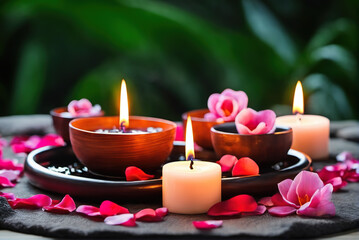 Obraz na płótnie Canvas Warm Thai massage scene with aromatherapy candles and hot spring water bath