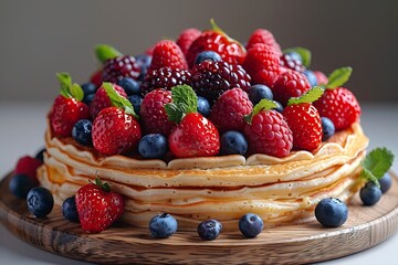 Generative AI : Pancakes. Crepes With Berries. Pancake stack with Strawberry, Raspberry
